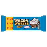 The Wagon Wheels - Jammie - 6 Pack, available for £1.49, offers a nostalgic treat with six individually wrapped biscuits, each featuring a whipped topping and rich jam filling against a blue background.